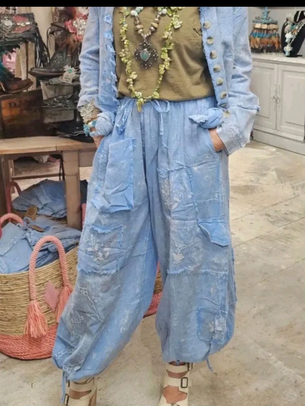 Light Blue Wide Leg Cargo Pants - Women's Casual Boho